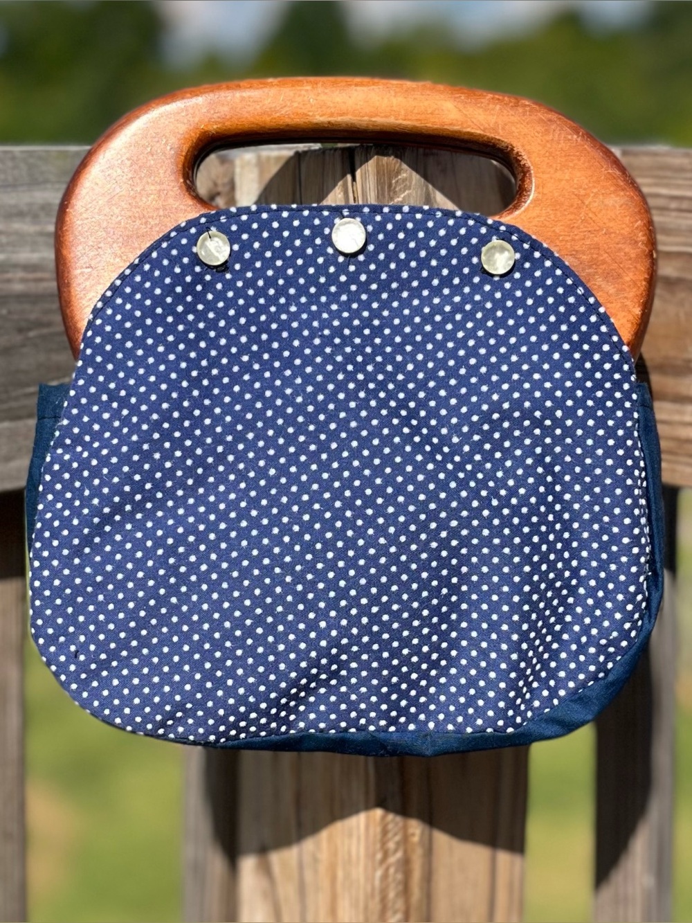 Vintage 70s Bermuda Handbag, Navy Blue with White Polka Dots.